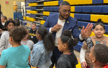 Lt. Governor Austin Davis interacts with third grade students at Farrell Elementary