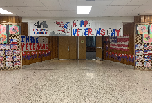 The Farrell High School auditorium entrance decorated for Veterans Day