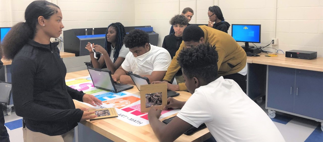 Students working on projects in Farrell High School&#39;s new STEAM lab